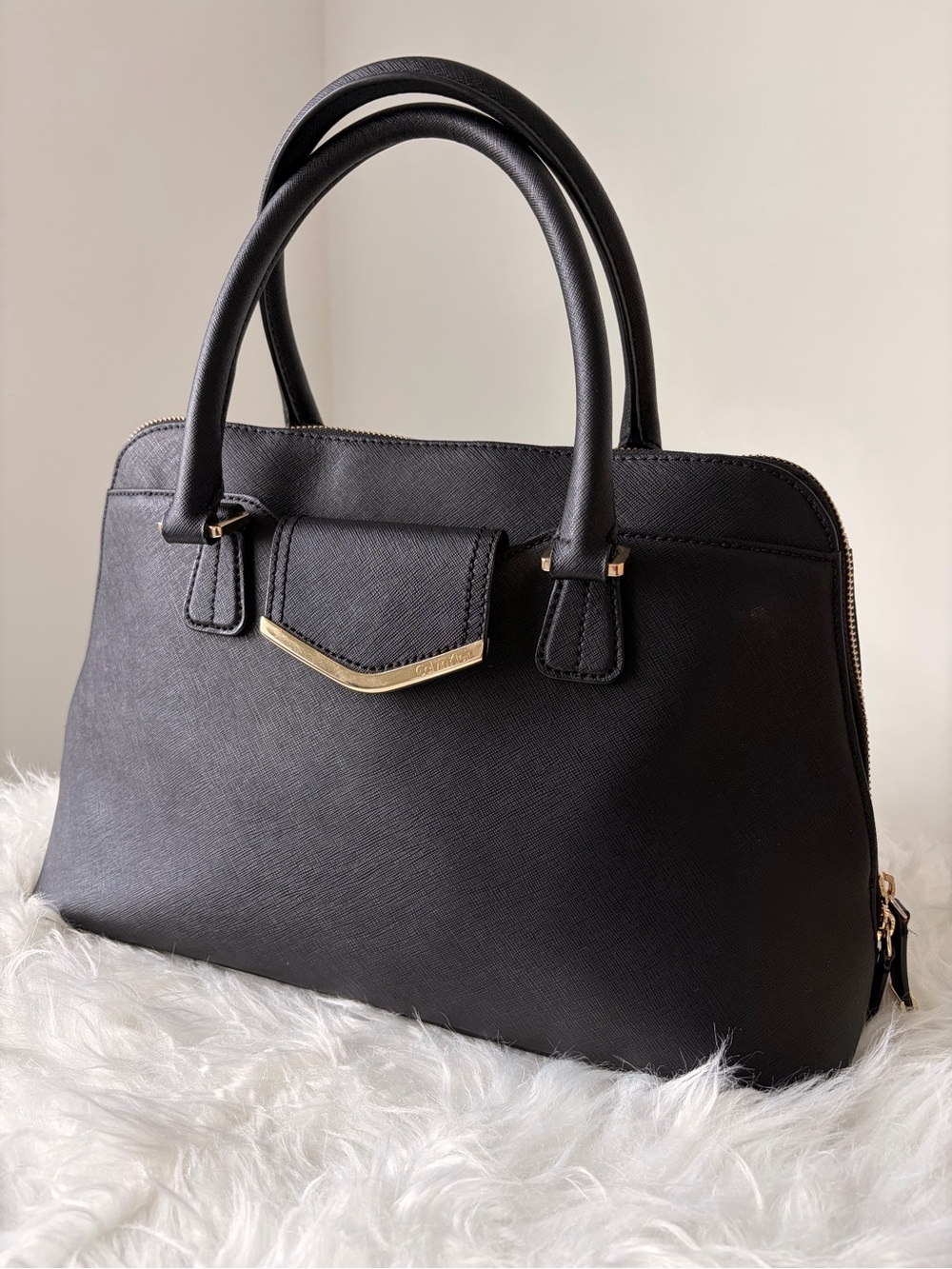Calvin Klein Black Leather Saffiano Satchel Bag